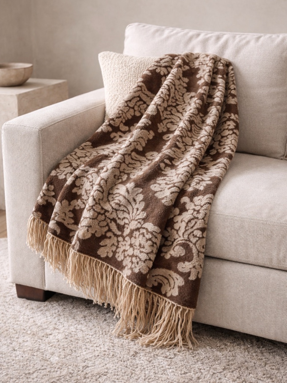Brown Cream Woven Floral Medallion Fringe Throw Blanket 50x60